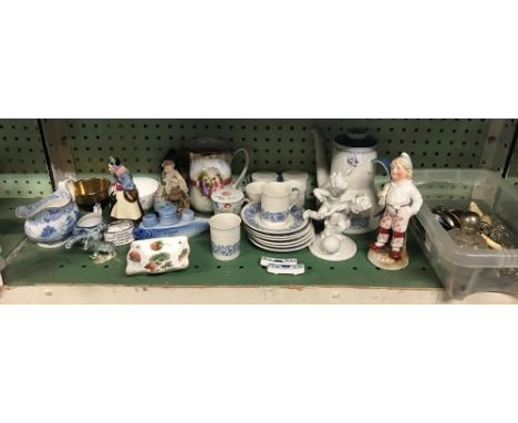 SHELF OF CHINAWARE &amp; CHINA FIGURES, GLASS STOPPERS, GLASS SCENT BOTTLE ETC. ROYAL DOULTON CRANBOURNE COFFEE CANISTERS &am