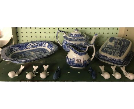 SHELF OF SPODE CHINAWARE CONSISTING OF MILK JUG, TEA POT &amp; DISH, CHINA LITTLE NOVELTY CHINA WHALES