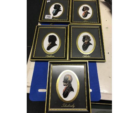 SET OF 5 PORTRAIT SILHOUETTES OF THE GREAT COMPOSERS, SIGNED IN PENCIL
