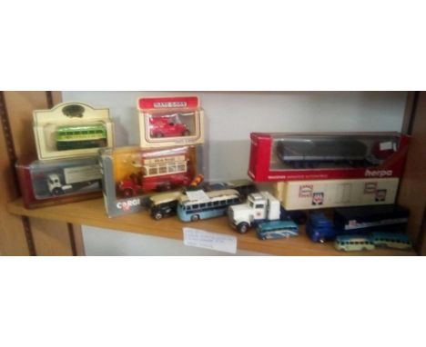 2 SHELVES WITH QTY OF PLASTIC LORRIES, 3 DINKY COACHES 29F, 282, 29G UNBOXED, POOR CONDITION.  MATCHBOX 1-75 SERIES INCLUDING