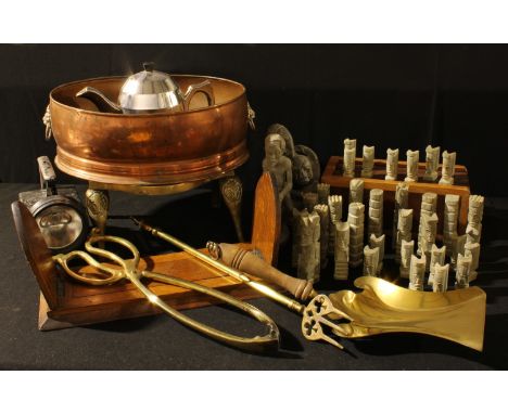 A carved soapstone chess set, wooden box; two carved soapstone firgures; a railway lamp; a pair of folding bookends; a pierce