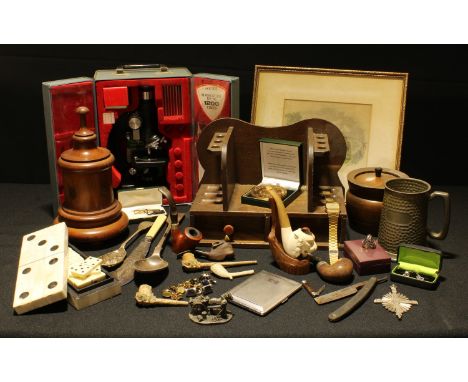 Boxes and Objects - a 19th century treen tobacco jar; a pipe rack and pipes; a students microscope; cufflinks; a sterling sil