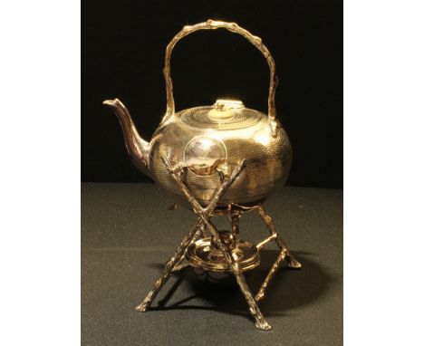 An Aesthetic Movement E.P.N.S spirit kettle, engine turned, rustic branch handle and stand, 25cm high overall, c.1880 
