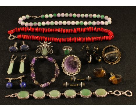 A pair of tiger eye cuff links; an amethyst brooch; an agate brooch; a pair of 19th century style pear cut droplet earrings; 