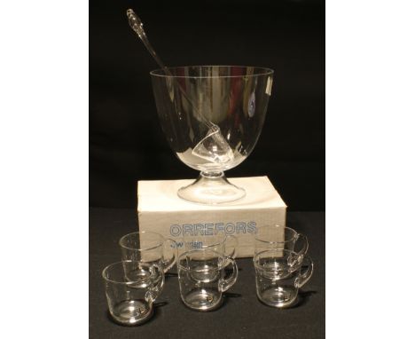 A large Orrefors glass punch bowl, ladle and cups en-suite 