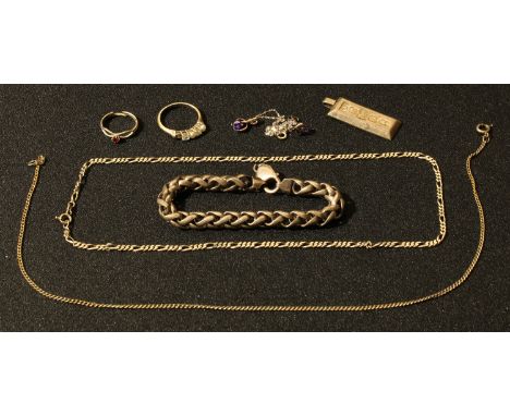 A silver ingot pendant and chain, London 1977; other sterling silver, marked 925, ring, bracelets, 73g, qty 