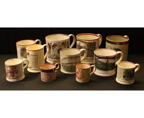 Sunderland Lustre mugs - Iron Bridge, Crimea, The Mariner's Compass, Dr Franklin's Maxims, Friendship and Love jug;  etc 