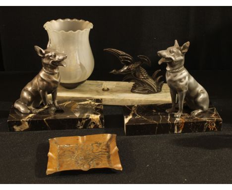 A pair of spelter dog bookends, rectangular marble bases, 16cm wide; a copper Arts and Crafts tray; an Art Deco table lamp, m