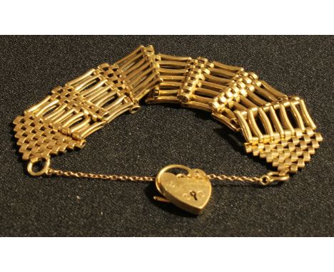 A 9ct gold gate link bracelet, love heart clasp, safety chain, 39.9g 