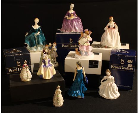 A Royal Doulton figure, Tender Moment, HN3303, boxed; others, Janine, boxed; Charlotte HN2421, boxed; Bedtime Story CH8, cert