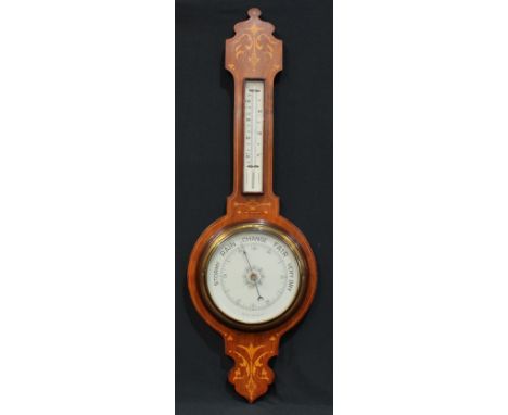 An early 20th century mahogany and marquetry aneroid wheel barometer, 88cm high 