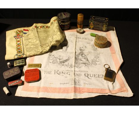 Boxes and Objects - advertising tins including Columbia Gramophone Needles, Thornes Toffee, Oxo, etc; commemorative scarf the