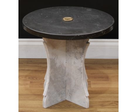 A marble low occasional table, circular top centred by a portrait plaque after the Antique, cruciform base, 43.5cm high, 45cm