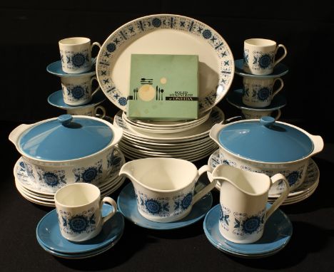 A Johnson Bros. retro part dinner service comprising dinner plates, dessert plates, side plates, vegetable dishes and covers,