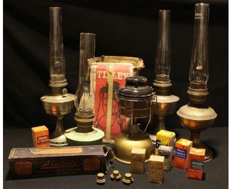 A Tilley lamp, boxed; other oil and paraffin lamps with glass chimneys; qty 