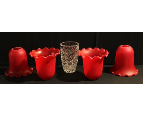 Lighting - a set of four Christopher Wray red glass shades; a cut glass vase (5) 