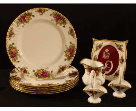 A Royal Albert Old Country Roses photograph frame, plates, baskets, jug; etc 