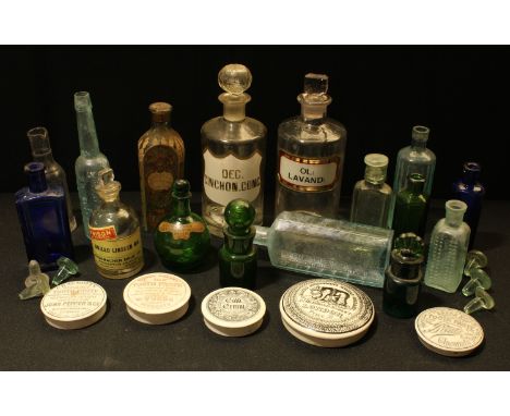 Advertising pot lids including Cracroft's Areca Nut Tooth Paste, a red print Woods Cherry Tooth Paste, etc; apothacary bottle
