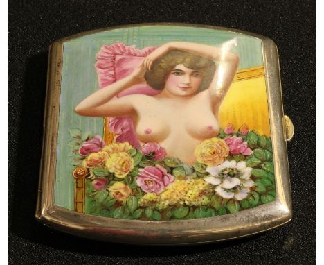 A Continental enamel erotic cigarette case, hinged cover decorated in polychrome with a risque portrait of a young lady, 9.5c