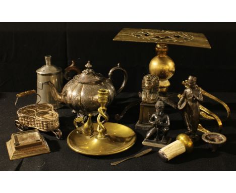 Brass and Metalware - a Victorian brass and cast iron trivet; a silver plated novelty cruet; an E.P.B.M melon shaped teapot; 
