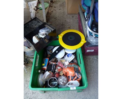 A quantity of tools, door fixings, mower blade, brush cutter blade, etc.