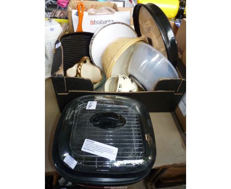 An All in one cook pot, a box of kitchenware, mixing bowls, a clock, scales, etc.,