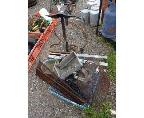 A quantity of shoe lasts, spark guard, a cast iron light fitting, funnel, etc.
