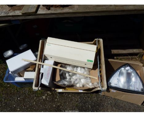 Three boxes of light fittings, etc. and a consumer unit.