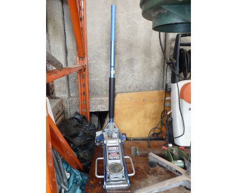 A Clarke Strong Arm aluminium trolley jack, 1.25 tonne, very light. 