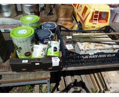 A box of fence paint, etc. cast iron shoe lasts, tools, etc.
