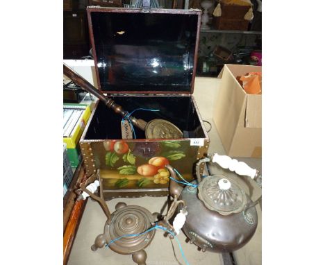 A dome top trunk, a small bed warmer, a copper kettle, etc.,