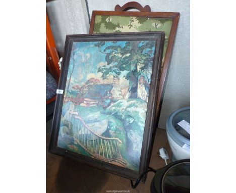 An embroidered firescreen and two prints.