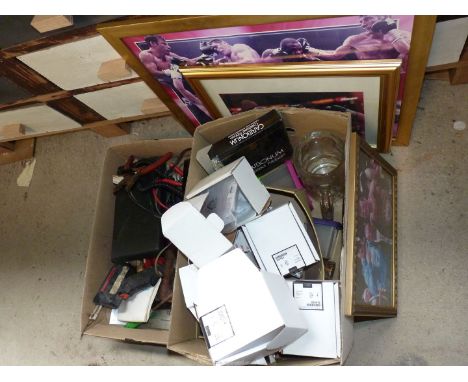 A box of mixed tools to include: a hammer, a clamp, pliers, electric soldering guns plus boxing pictures, etc.,