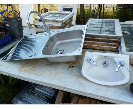 A ceramic hand basin and stainless steel kitchen sink with drainer, 38" x 19 1/2".