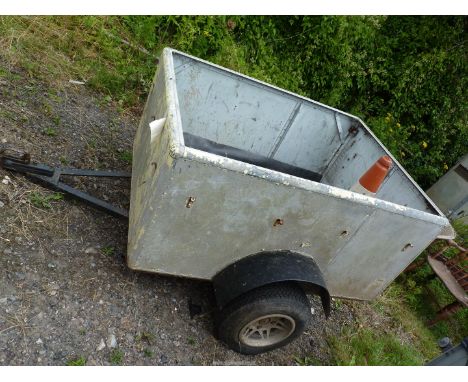 An aluminium car trailer with drop gate tailboard 56" x 42" running on mini light wheels.
