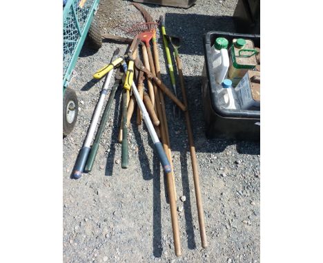 A quantity of garden tools, pruning saw, loppers, rakes, etc.