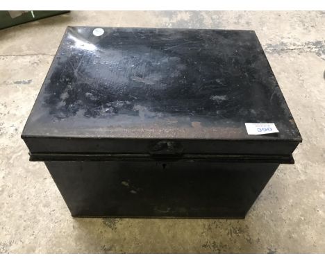 A VINTAGE BLACK METAL STORAGE BOX 