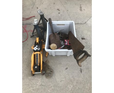 A HYDRAULIC JACK, A PAIR OF AXLE STANDS, AND A BOX OF TOOLS 