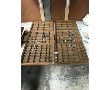 TWO VINTAGE INDUSTRIAL PRINTERS BLOCK TRAYS WITH LETTERS 