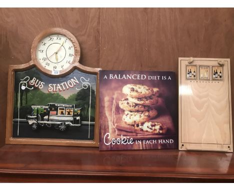 A BUS STATION PICTURE WALL CLOCK, A COOKIE CANVAS AND A NOTICE BOARD 