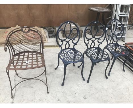 FOUR VINTAGE METAL GARDEN CHAIRS, ONE UNPAINTED AND THREE BLUE 