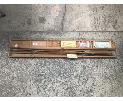 A VINTAGE FISHING ROD, FLIES, TIES ETC IN A WOODEN CASE 
