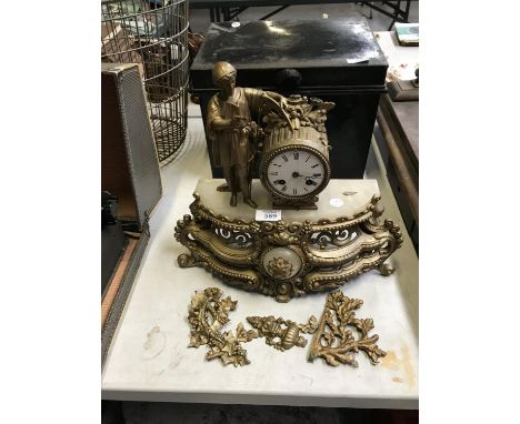 A FRENCH ORNATE MARBLE AND GILT CLOCK WITH FIGURINE (A/F) 