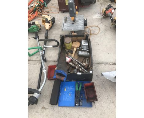 A BURGESS BK3 PLUS BAND SAW, AND VARIOUS TOOLS TO INCLUDE HEAVY DUTY DRILL BITS, PUMP METER, SAW, MALLET ETC 