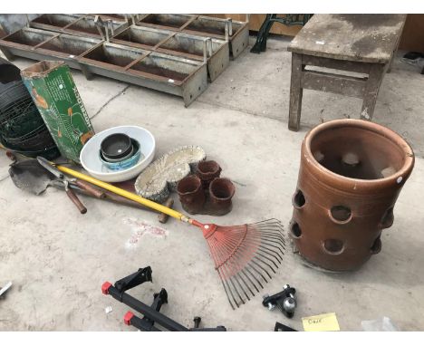 VARIOUS GARDEN TOOLS AND ITEMS - SALT GLAZED STRAWBERRY POT, RAKE, SHEARS ETC 