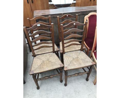 FOUR LADDER BACK OAK DINING CHAIRS WITH RUSH SEATS 