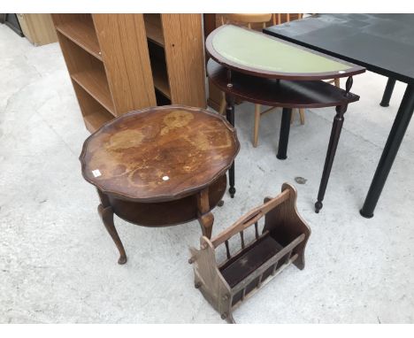 THREE ITEMS - A MAHOGANY SIDE TABLE ON CABRIOLE SUPPORTS WITH LOWER SHELF A MAHOGANY DEMI LUNE HALL TABLE AND AN OAK MAGAZINE