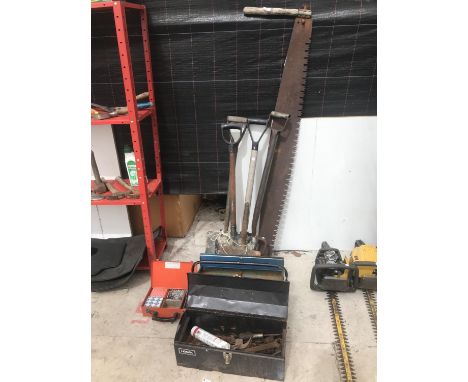 THREE SPADES, A FORK, A TWO MAN CROSS CUT SAW,  AND THREE TOOL BOXES WITH CONTENTS 