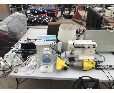 A LARGE COLLECTION OF ELECTRICALS TO INCLUDE A BROTHER SEWING MACHINE, LAMP, SHREDDER, DVD PLAYER, POWER VAC, HEATER ETC IN W
