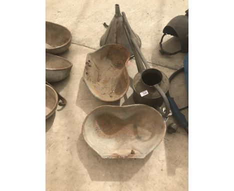 TWO VINTAGE GALVANISED ANIMAL DRINKERS, A WATERING CAN AND A FUNNEL 
